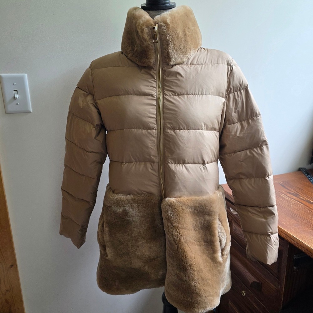 Blue Duck Down Puffer Jacket Genuine Shearling Trim Tan Champagne Womens XS